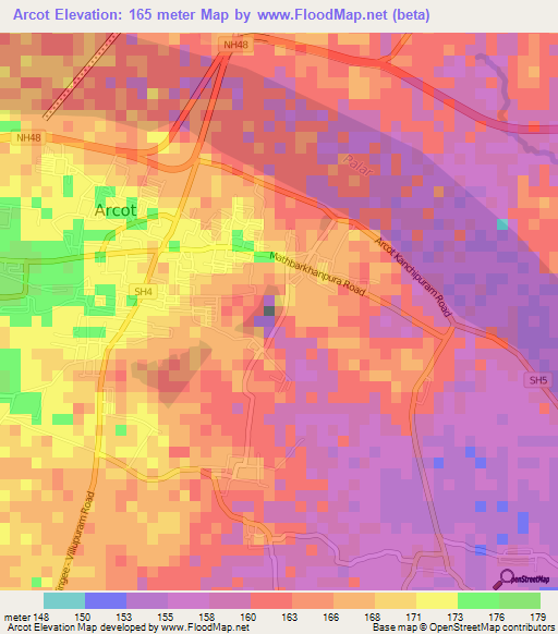 Arcot,India Elevation Map