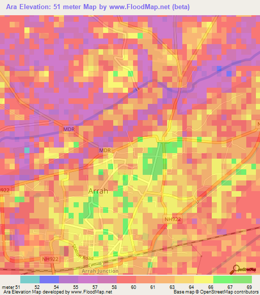 Ara,India Elevation Map