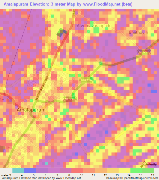 Amalapuram,India Elevation Map