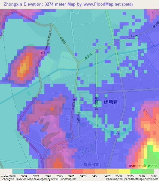 Zhongxin,China Elevation Map