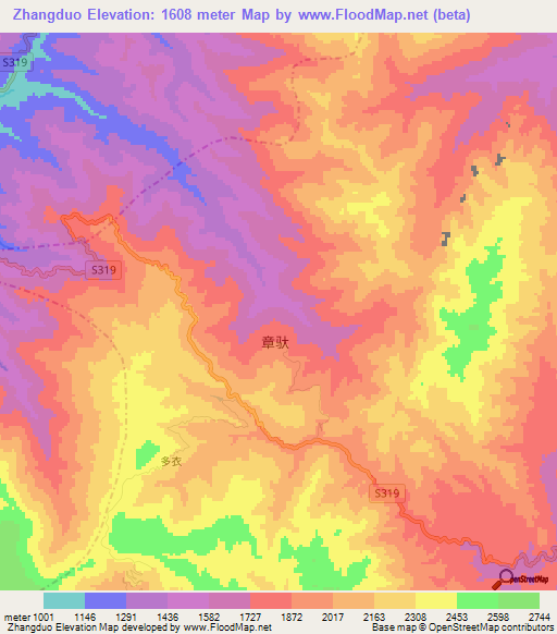 Zhangduo,China Elevation Map