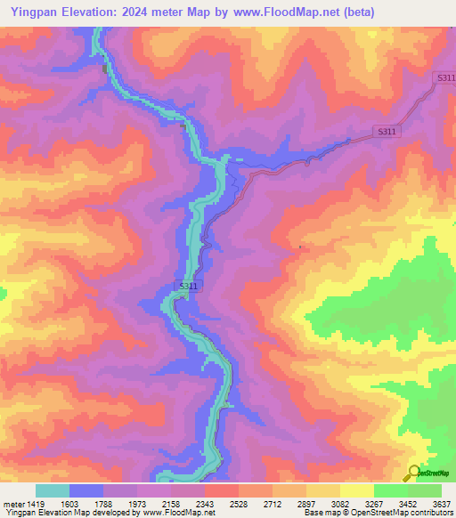 Yingpan,China Elevation Map