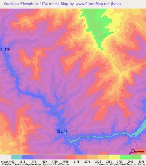 Xueshan,China Elevation Map