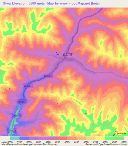 Xiwu,China Elevation Map