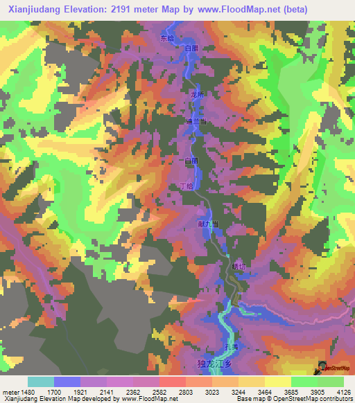 Xianjiudang,China Elevation Map