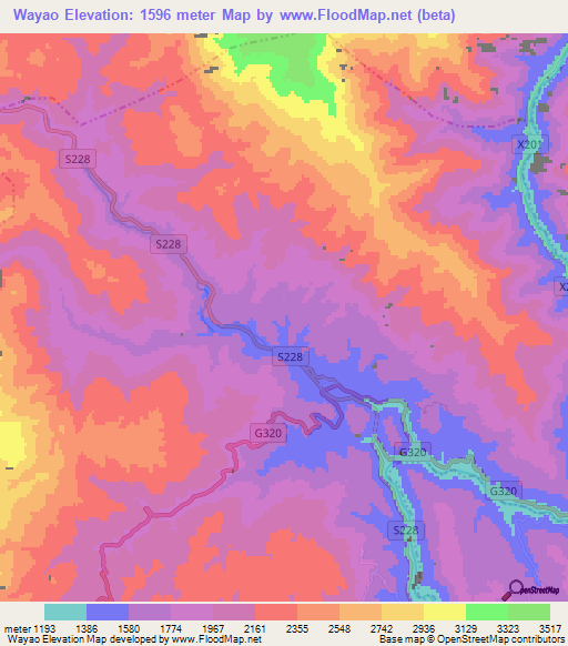 Wayao,China Elevation Map