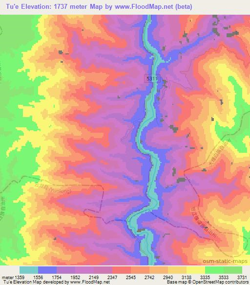 Tu'e,China Elevation Map