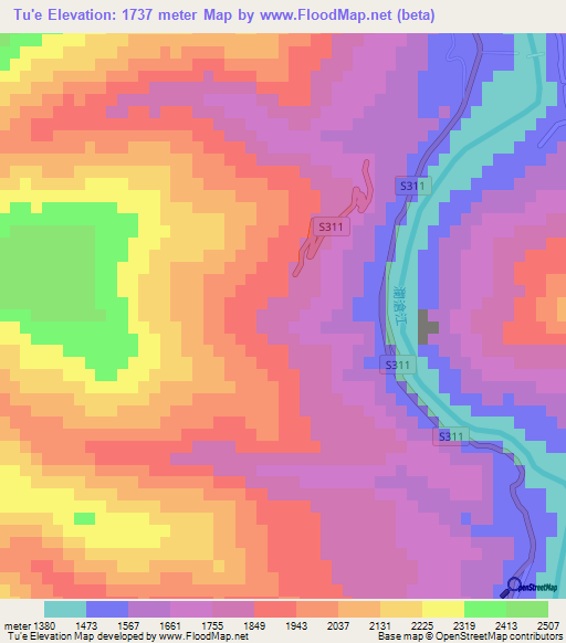 Tu'e,China Elevation Map