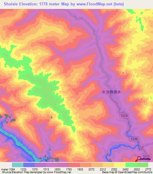 Shuixie,China Elevation Map