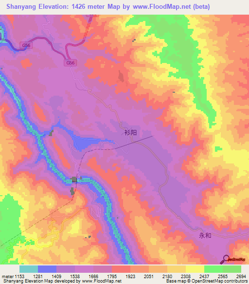 Shanyang,China Elevation Map