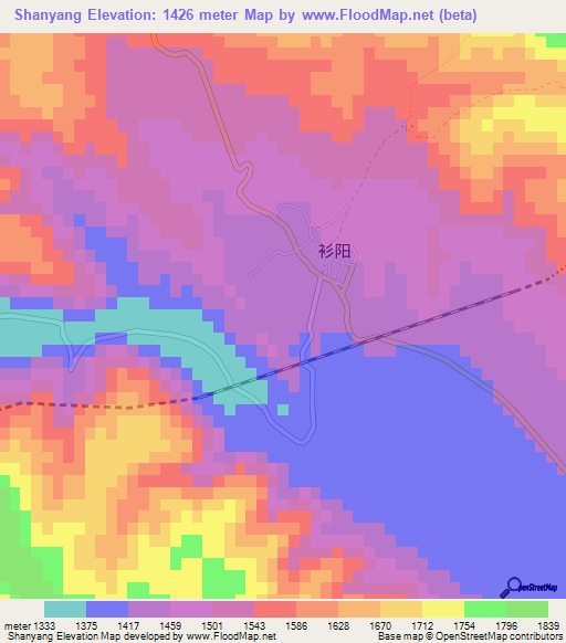 Shanyang,China Elevation Map