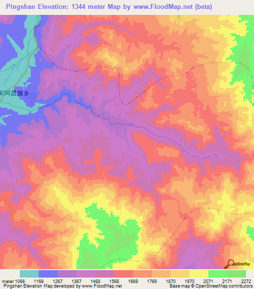 Pingshan,China Elevation Map