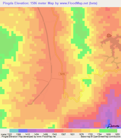 Pingda,China Elevation Map