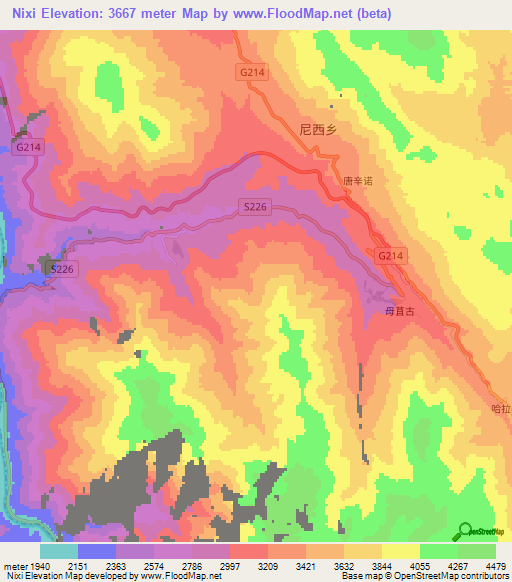 Nixi,China Elevation Map