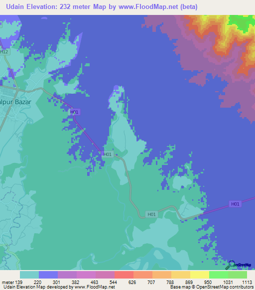 Udain,Nepal Elevation Map