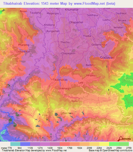 Tikabhairab,Nepal Elevation Map