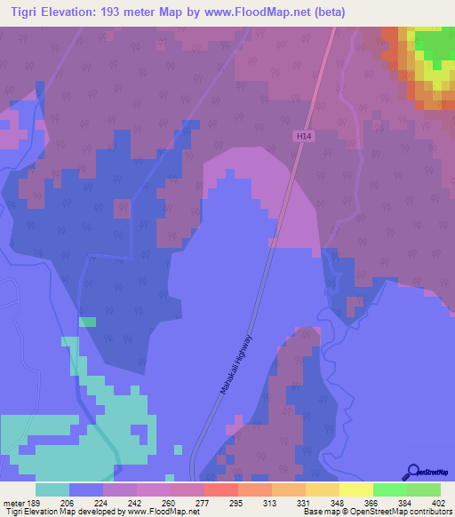 Tigri,Nepal Elevation Map