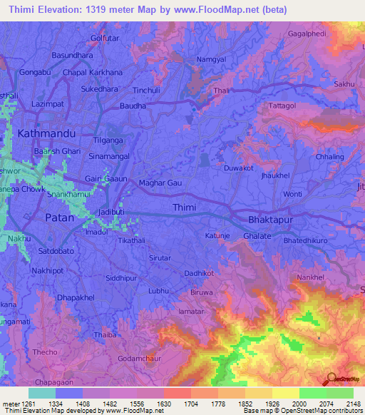 Thimi,Nepal Elevation Map