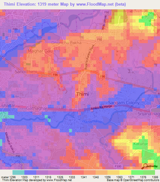 Thimi,Nepal Elevation Map