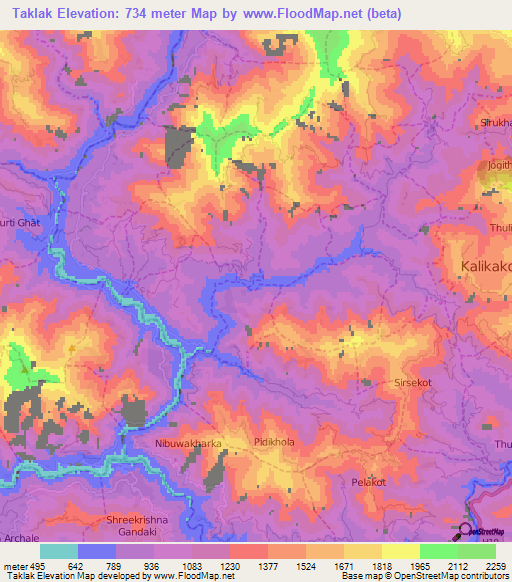 Taklak,Nepal Elevation Map