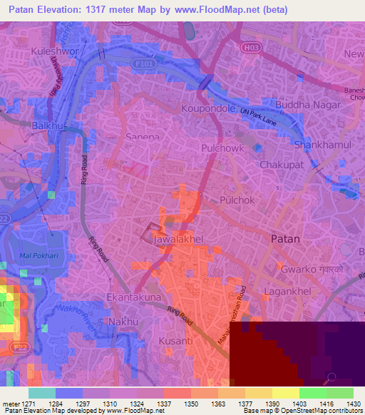 Patan,Nepal Elevation Map