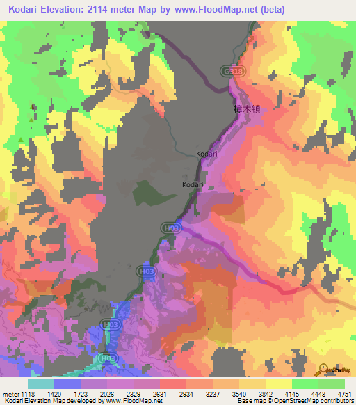 Kodari,Nepal Elevation Map