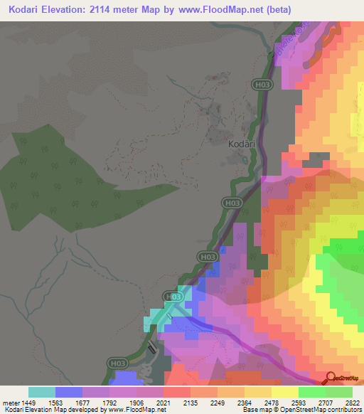 Kodari,Nepal Elevation Map