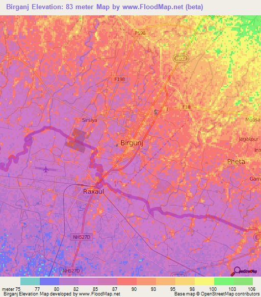 Birganj,Nepal Elevation Map