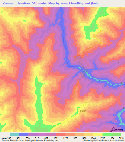 Zomual,Myanmar Elevation Map