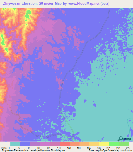 Zinywesan,Myanmar Elevation Map