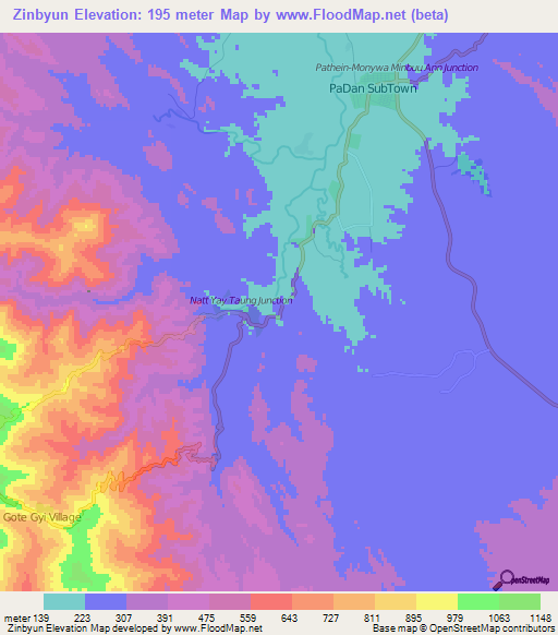 Zinbyun,Myanmar Elevation Map