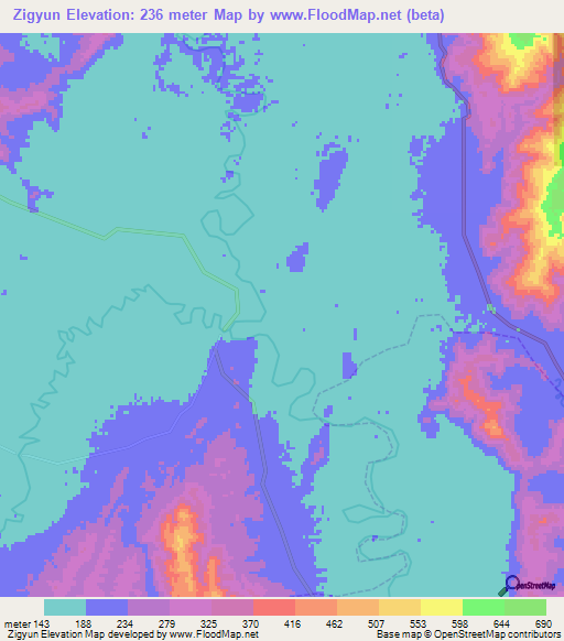 Zigyun,Myanmar Elevation Map