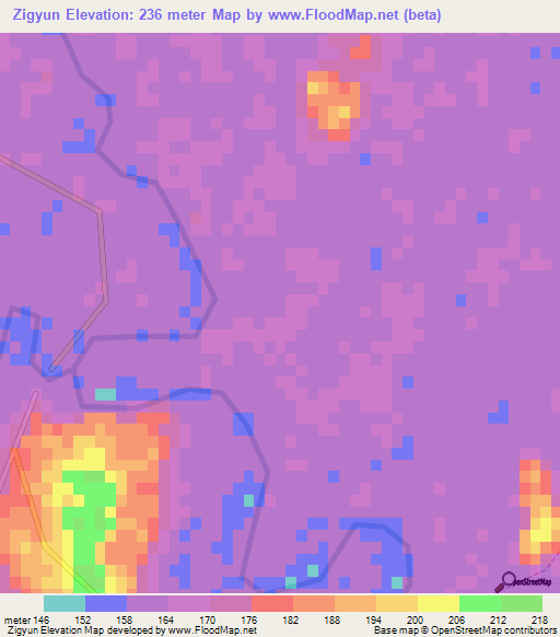 Zigyun,Myanmar Elevation Map