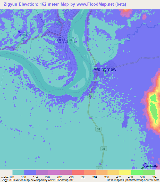 Zigyun,Myanmar Elevation Map