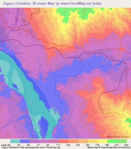 Zigyun,Myanmar Elevation Map