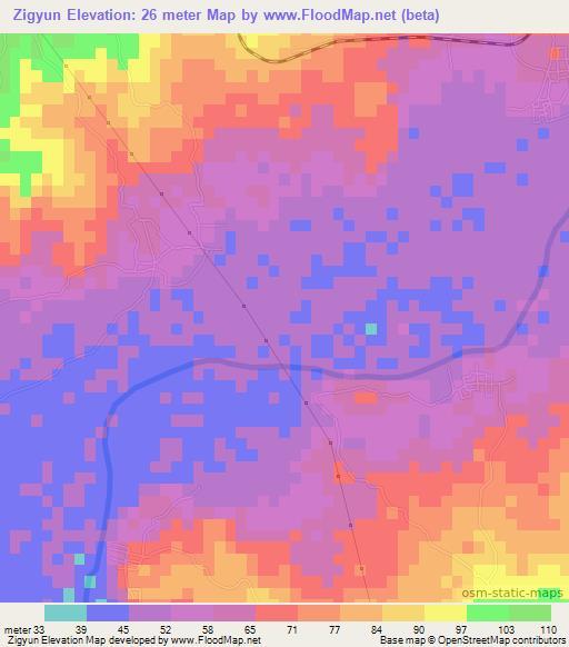 Zigyun,Myanmar Elevation Map