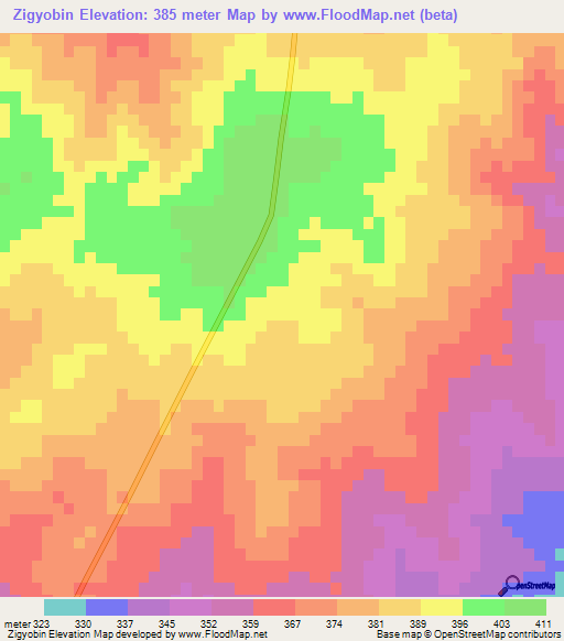 Zigyobin,Myanmar Elevation Map