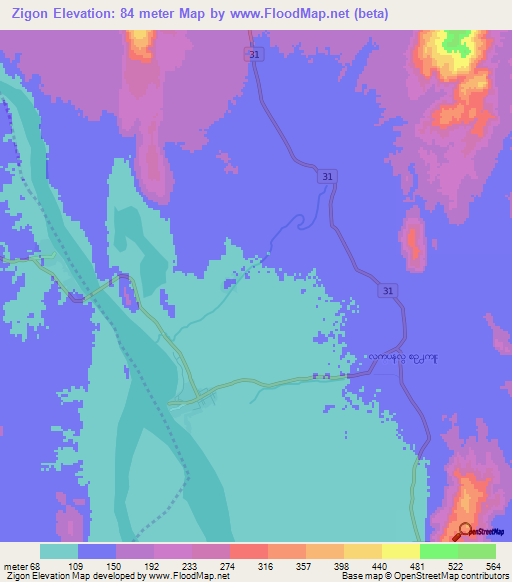 Zigon,Myanmar Elevation Map