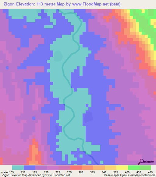 Zigon,Myanmar Elevation Map