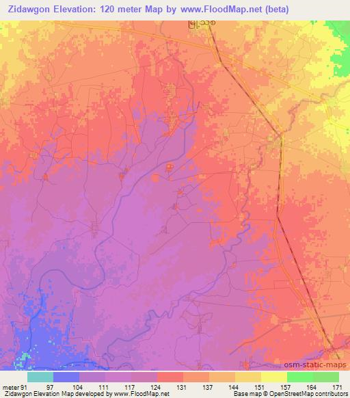 Zidawgon,Myanmar Elevation Map