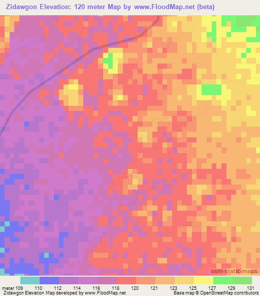 Zidawgon,Myanmar Elevation Map