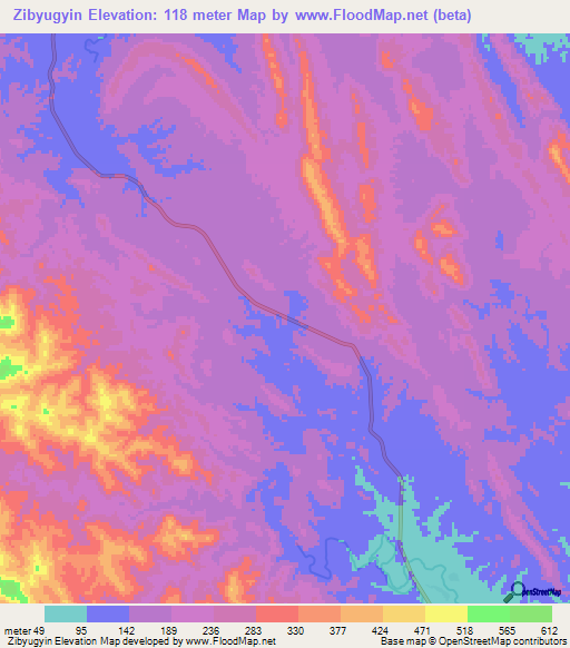 Zibyugyin,Myanmar Elevation Map