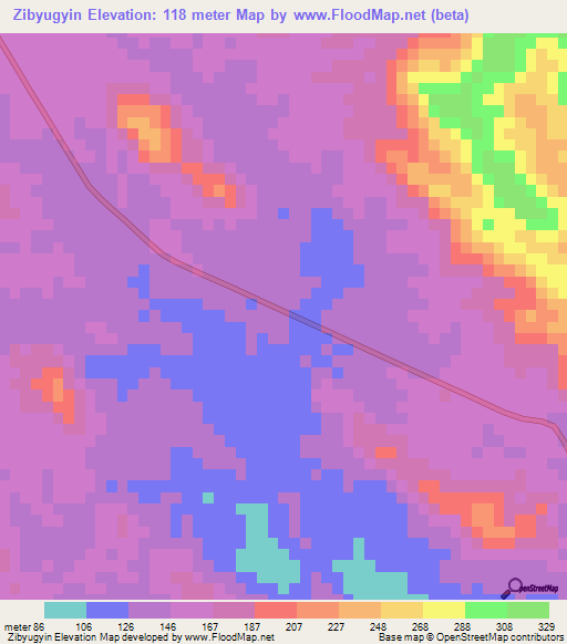 Zibyugyin,Myanmar Elevation Map