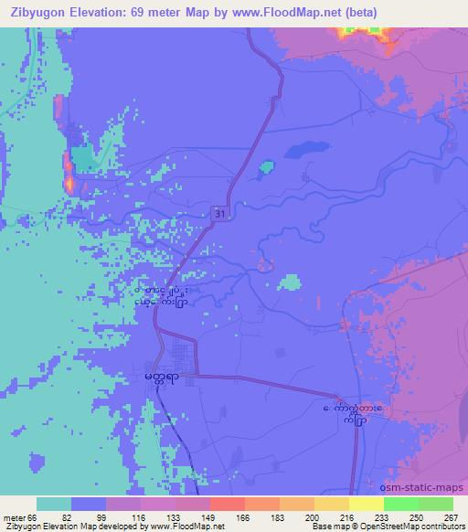 Zibyugon,Myanmar Elevation Map