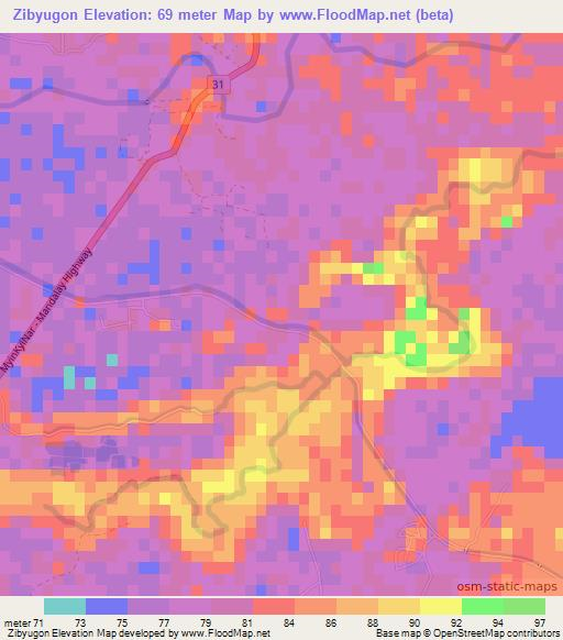 Zibyugon,Myanmar Elevation Map