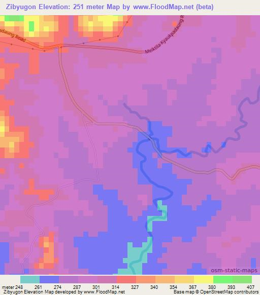 Zibyugon,Myanmar Elevation Map