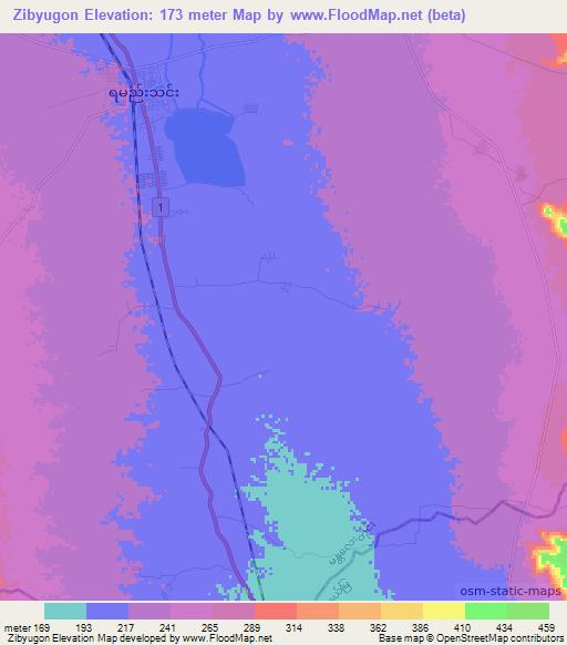 Zibyugon,Myanmar Elevation Map