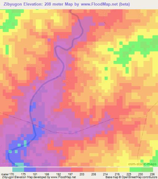 Zibyugon,Myanmar Elevation Map