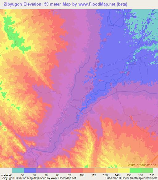 Zibyugon,Myanmar Elevation Map