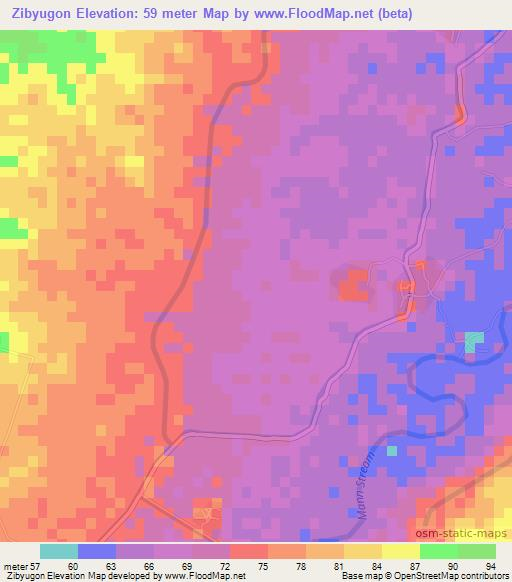 Zibyugon,Myanmar Elevation Map
